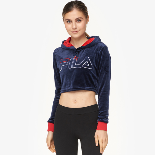 Fila Velour Crop Hoodie - Women's - Casual - Clothing - Peacoat/Chinese Red